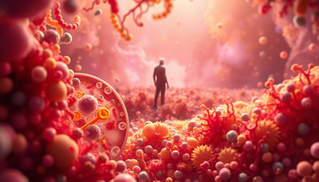 A vibrant, high-resolution illustration depicting the changes in gut microbiota composition with age. In the foreground, a magnified view of diverse gut bacteria, with varying shapes, sizes, and colors representing the microbial diversity of a younger individual. In the middle ground, the microbial landscape shifts, with certain bacterial species becoming more prominent as the individual ages. In the background, a human silhouette representing the aging process, subtly fading into the background. The image is rendered with a warm, organic color palette, conveying the natural, biological nature of the subject matter. Soft, diffused lighting creates a sense of depth and three-dimensionality, while a slight vignette effect draws the viewer's focus to the central subject. The overall composition and attention to detail effectively communicate the concept of "Aging, Immunity, and the Gut Microbiota".