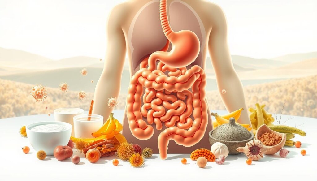 A vibrant illustration of gut health and probiotics. In the foreground, a detailed cross-section of the human digestive system, showcasing the intestines and key organs. Surrounding this, an assortment of probiotic-rich foods such as yogurt, kefir, sauerkraut, and kimchi, arranged in a natural, organic composition. The middle ground features microscopic representations of beneficial gut bacteria, rendered in warm, earthy tones. In the background, a soft, hazy landscape evocative of a healthy, balanced ecosystem. Bright, even lighting illuminates the scene, creating a sense of clarity and vitality. The overall mood is one of scientific understanding and natural wellness.