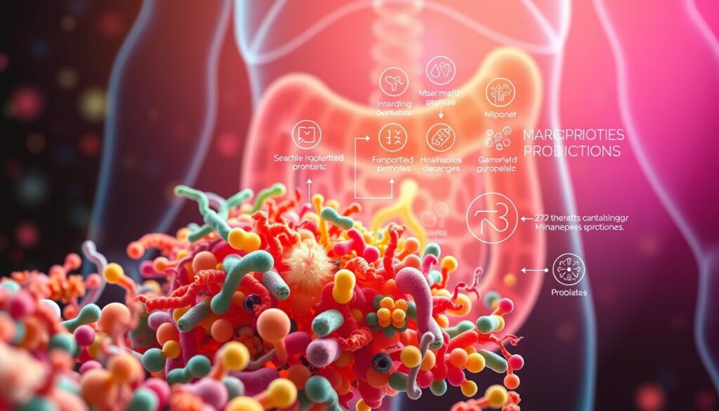 A vibrant, macro-level illustration of multispecies probiotic benefits. In the foreground, an array of diverse probiotic bacteria, each with its own unique shape and color, thriving in a harmonious colony. The middle ground showcases the various health-promoting functions of these probiotics, represented by glowing icons and infographic elements. The background features a stylized, abstract representation of the human gut, with subtle gradients and textures evoking the complex microbiome. Soft, diffused lighting casts a warm, soothing glow over the entire scene, emphasizing the synergistic relationship between probiotics and overall wellbeing.