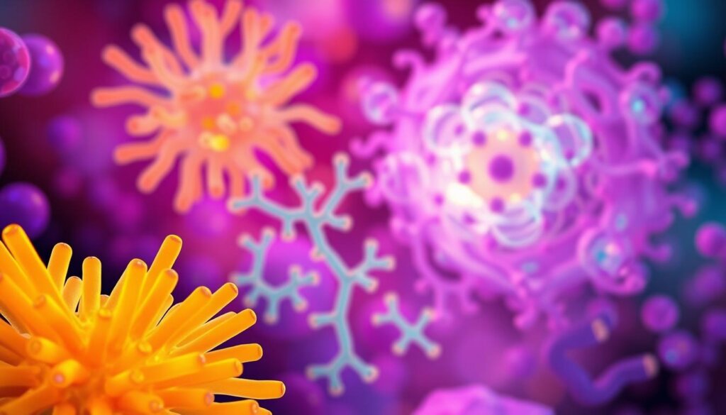 A vibrant microscopic scene showcasing diverse probiotic strains essential for metabolic support. In the foreground, a cluster of Lactobacillus acidophilus bacteria, their rod-shaped cells glowing with a warm, golden hue. In the middle ground, Bifidobacterium longum bacteria, their distinctive Y-shaped forms, radiate a soft, blue-green luminescence. In the background, a swirling array of Saccharomyces boulardii yeast cells, their spherical shapes pulsing with an energetic, violet shimmer. The entire scene is bathed in a soft, diffused lighting, creating an atmosphere of scientific intrigue and holistic wellbeing. Captured through a high-resolution lens, the image conveys the complex, symbiotic relationships between these essential probiotic strains and their crucial role in supporting metabolic health.