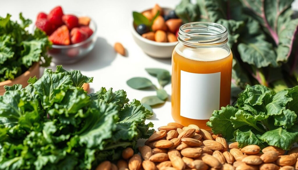 A vibrant still life featuring an assortment of gut-health ingredients. In the foreground, a selection of leafy greens, including kale, spinach, and swiss chard, their rich green hues popping against a light, airy background. Surrounding them, an array of probiotic-rich foods - a glass jar of kombucha, a bowl of fresh berries, and a handful of raw almonds. Soft, natural lighting illuminates the scene, casting gentle shadows and highlighting the textures of each ingredient. The composition is balanced and visually appealing, inviting the viewer to explore the nourishing, wellness-focused elements of this healthful spread.