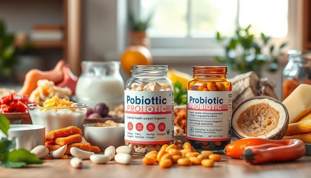 A vibrant still life scene depicting the health benefits of probiotics. In the foreground, an assortment of probiotic-rich foods such as yogurt, kefir, sauerkraut, and kimchi are artfully arranged on a wooden table, their colors and textures creating a visually appealing composition. In the middle ground, a glass jar filled with a probiotic supplement is prominently displayed, its label highlighting key benefits like gut health, immune support, and digestion. The background features a soft, natural light filtering through a window, casting a warm glow over the scene and creating a calming, inviting atmosphere. The overall mood is one of wellness, nourishment, and the power of probiotics to support a healthy lifestyle.
