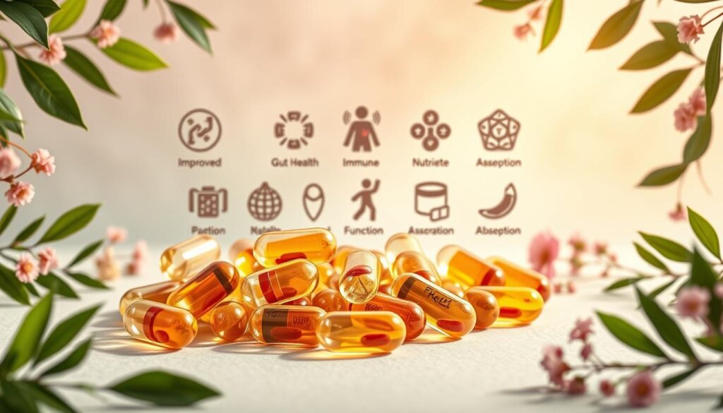 A visually captivating image showcasing the key health benefits of probiotic supplements. In the foreground, a cluster of probiotic capsules and pills are arranged elegantly, their translucent shells gleaming under soft, natural lighting. Behind them, an array of vibrant, illustrated icons representing improved gut health, immune function, and nutrient absorption. The middle ground features a soothing, pastel-hued backdrop, with subtle textures and gradients that create a sense of depth and tranquility. In the background, a harmonious blend of botanical elements, such as leafy greens and delicate florals, frames the scene, evoking a sense of balance and wellness. The overall composition conveys the holistic, restorative properties of probiotic supplements through a visually appealing, editorial-style aesthetic.