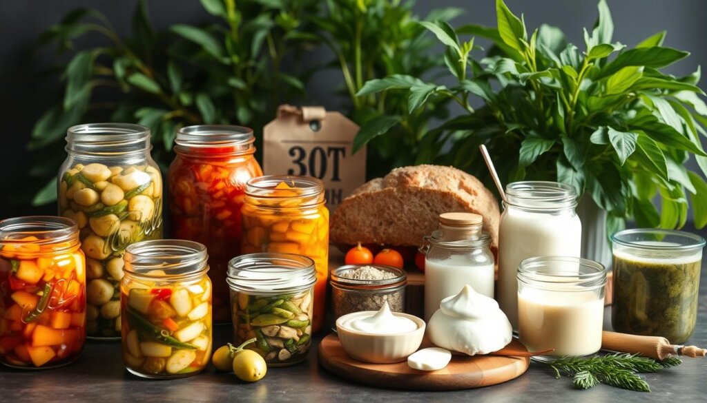 A visually striking still life arrangement showcasing an assortment of fermented foods essential for gut health. In the foreground, a selection of mason jars filled with vibrant, bubbling krauts, kimchi, and pickled vegetables, illuminated by soft, natural lighting from the side. In the middle ground, a wooden board displaying freshly baked sourdough bread, accompanied by a variety of fermented condiments like miso, kefir, and yogurt. The background features lush, verdant plants, adding a sense of organic vitality to the scene. The overall mood is one of nourishment, balance, and the celebration of the beneficial microbiome.