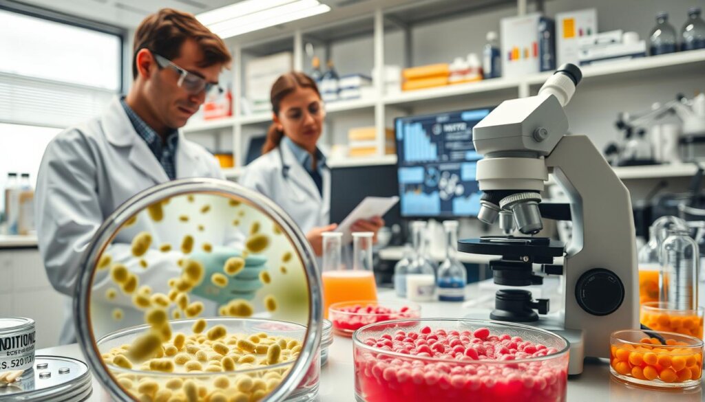 A well-lit, high-resolution image of a laboratory setting, with scientists in white coats examining Petri dishes and test tubes filled with probiotic cultures. In the foreground, a magnified view of healthy gut bacteria under a microscope. In the middle ground, researchers analyzing data on computer screens, charts, and graphs depicting the effects of probiotics on digestive health. The background features shelves of scientific equipment, pipettes, and other tools of the trade. The scene conveys a sense of diligent, scientific inquiry into the relationship between probiotics and digestive function.
