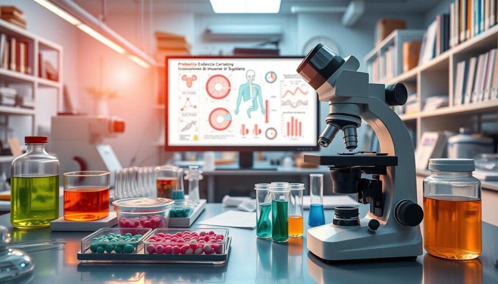 A well-lit, high-resolution laboratory setting with modern scientific equipment and research materials. In the foreground, a microscope, Petri dishes, and test tubes filled with colorful liquids, representing the examination of probiotic samples. In the middle ground, scientific diagrams and charts depicting the effects of probiotics on gut health and the immune system, shown on a computer screen or whiteboard. The background features bookshelves, scientific journals, and other accoutrements of a professional research environment, conveying a sense of intellectual rigor and academic credibility. The overall atmosphere is one of meticulous, evidence-based inquiry, capturing the essence of the "Scientific Evidence and Systematic Reviews" section of the article.