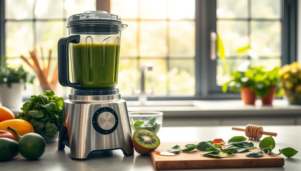 A well-lit kitchen counter with an array of fresh fruits and vegetables, a high-powered blender standing in the foreground. The blender's stainless steel exterior gleams under soft, warm lighting, its blades whirring at high speed, blending the ingredients into a smooth, vibrant green smoothie. In the middle ground, a cutting board with sliced kiwi, spinach leaves, and a drizzle of honey, showcasing the key ingredients. The background features a large window overlooking a lush, verdant garden, bathing the scene in natural light and a sense of wellness. The overall mood is one of healthy, mindful food preparation, inviting the viewer to envision the perfect smoothie-making experience.