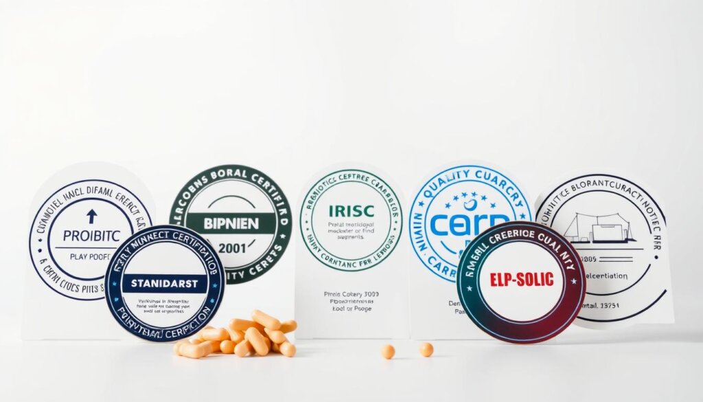 An image of probiotic quality certifications, captured with a high-resolution DSLR camera in a clean, well-lit studio setting. In the foreground, various certification seals and badges are displayed prominently, showcasing the rigorous standards and quality assurance processes that the probiotics have undergone. The middle ground features a clean, minimalist background, allowing the certifications to take center stage. The lighting is soft and diffused, creating a professional, trustworthy atmosphere. The overall composition is balanced and symmetrical, emphasizing the importance and legitimacy of the certifications. The image conveys a sense of transparency, reliability, and consumer confidence in the probiotics being evaluated.
