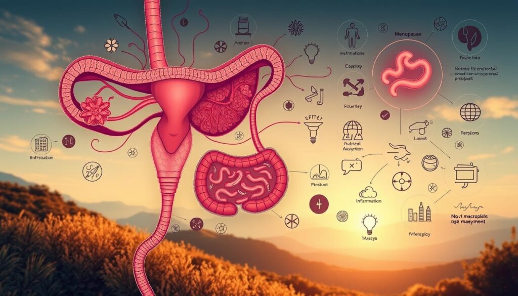 An intricately detailed illustration showcasing the intricate connection between gut health and menopause. In the foreground, a stylized anatomical diagram depicting the female reproductive system, with the gut microbiome prominently featured. The middle ground features a series of icons and symbols representing key factors influencing this relationship, such as hormones, inflammation, and nutrient absorption. The background is a serene, ethereal landscape, bathed in warm, diffused lighting that evokes a sense of balance and harmony. The overall composition conveys the complex, multifaceted nature of this important, yet often overlooked, aspect of women's health.