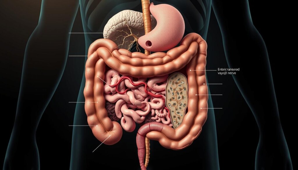 Detailed cutaway diagram depicting the intricate gut-brain axis mechanisms. Prominent features include the enteric nervous system, vagus nerve, and microbial gut flora, all interconnected and communicating via chemical signals. Precise anatomical rendering with a cross-sectional view showcasing the intestinal lining, gut-associated lymphoid tissue, and key neurotransmitter pathways. Subdued color palette with muted tones to convey the scientific nature of the subject. Crisp, high-resolution imagery captured through a technical lens, emphasizing the complexity of this bidirectional communication network.