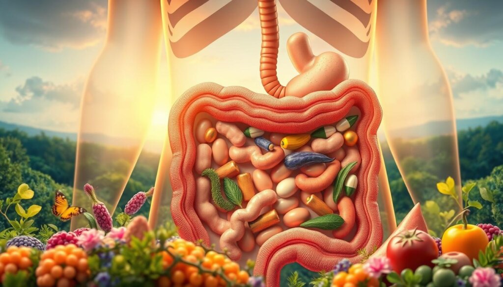Detailed illustration of gut health benefits, showcasing a cross-section of the human digestive system. In the foreground, vibrant probiotic cultures thrive, representing the diversity of a healthy microbiome. The middle ground features nutrient-rich foods and supplements, supporting gut function. In the background, a serene landscape with lush greenery and a calming sky, symbolizing the overall well-being associated with optimal gut health. Warm, soft lighting illuminates the scene, creating a welcoming and informative atmosphere. Rendered in a realistic, scientific style with a focus on accurate anatomical details and natural textures.