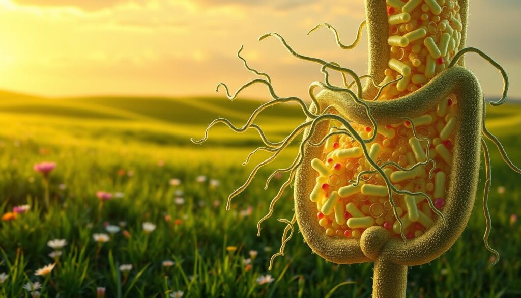 Lush, verdant landscape with a vibrant gut microbiome as the focal point. In the foreground, a cross-section of a healthy intestine teeming with diverse probiotic colonies. Flowing, iridescent tendrils of beneficial bacteria intertwine, creating a mesmerizing tapestry. In the middle ground, a serene meadow dotted with blooming flowers and verdant grasses, symbolizing the holistic harmony of gut-brain axis. The background features a warm, golden-hued sky with soft, wispy clouds, conveying a sense of balance, peace, and rejuvenation. Soft, diffused lighting casts a gentle glow, highlighting the intricate details and vibrant colors. The overall mood is one of vitality, restoration, and the profound connection between gut health and overall well-being.