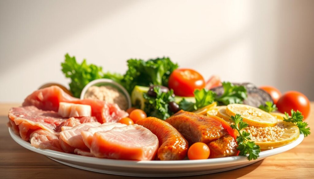 A balanced, vibrant plate showcasing the harmony between protein and fiber. In the foreground, an array of lean meats, poultry, and fish artfully arranged, glistening under warm, natural lighting. The middle ground features a vibrant array of colorful vegetables, leafy greens, and whole grains, conveying the importance of dietary fiber. In the background, a clean, minimalist backdrop, allowing the nutritious components to take center stage. The composition is visually striking, with a sense of balance and proportion, reflecting the optimal nutritional profile for active individuals. An image that inspires healthy, high-performance eating.