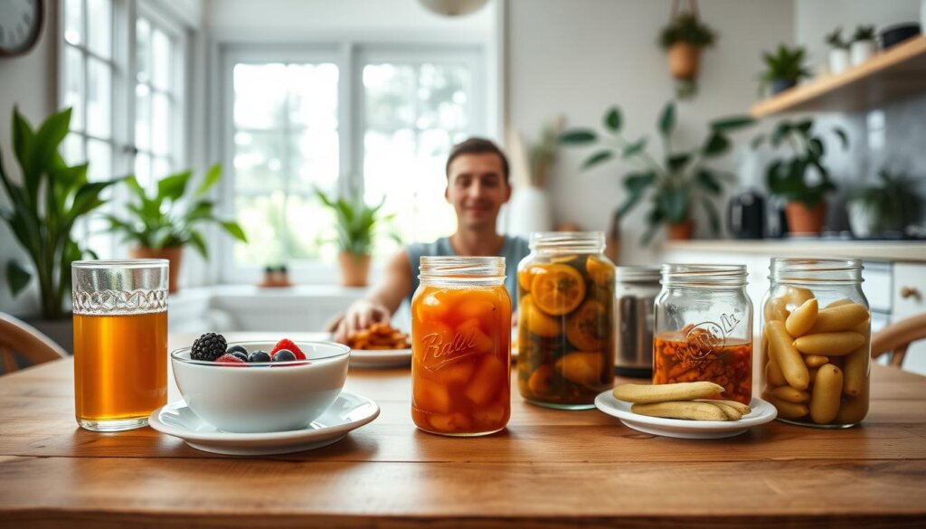 A bright, airy kitchen setting with a wooden table in the foreground. On the table, various probiotic-rich foods are neatly arranged - a bowl of yogurt with fresh berries, a glass of kombucha, a plate of kimchi, and a jar of fermented pickles. In the middle ground, a person is sitting at the table, mindfully enjoying their probiotic-infused breakfast, surrounded by natural light streaming in from large windows. The background features lush greenery, potted plants, and a sense of calm and wellness. The lighting is soft and diffused, creating a warm, inviting atmosphere. Captured with a wide-angle lens to showcase the entire scene in detail.