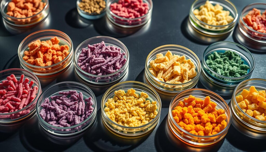 A brightly lit, high-resolution, macro-level image of several glass petri dishes filled with a diverse array of vibrant bacterial colonies in various colors and textures, arranged in a grid-like formation on a sleek, reflective steel surface. The petri dishes are illuminated from above, casting dramatic shadows and highlights that accentuate the unique characteristics of each probiotic strain. The overall composition conveys a sense of scientific investigation and exploration, with a focus on the intricacies and diversity of the microbial world.