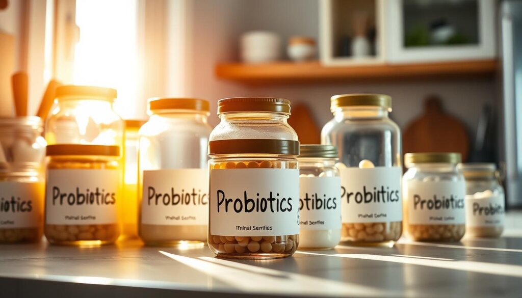 A brightly lit kitchen counter showcases an array of glass jars and containers, each labeled with "Probiotics" in a bold, legible font. The jars are arranged in a visually appealing, symmetrical layout, highlighting the importance of proper storage for these beneficial microorganisms. Warm, natural lighting filters in from a nearby window, casting a soft, inviting glow on the scene. The overall composition conveys a sense of organization, cleanliness, and attention to detail, reflecting the key factors to consider when selecting high-quality probiotic products.