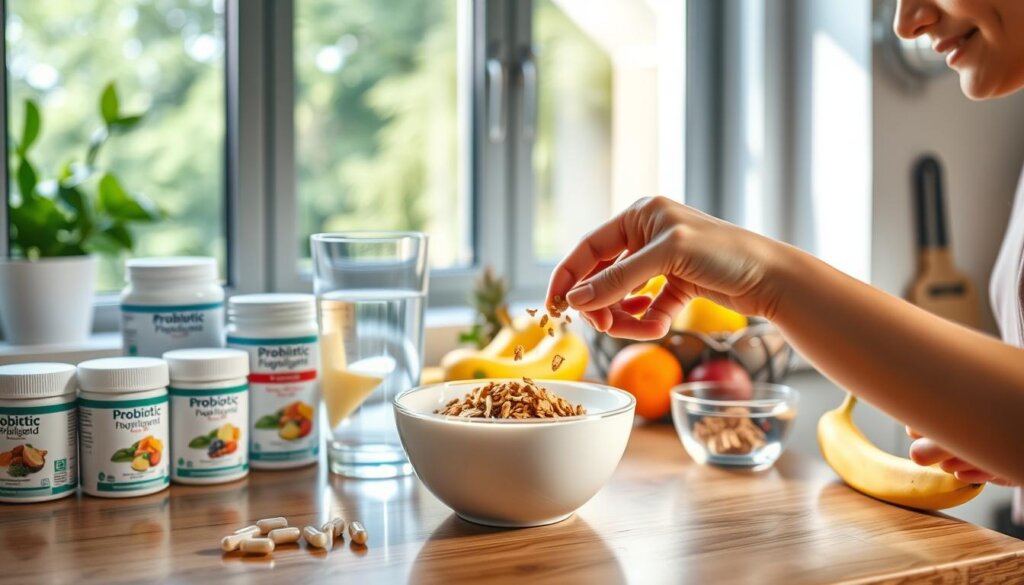 A brightly lit kitchen counter with an array of probiotic supplements, yogurt containers, and fresh fruits arranged neatly. In the foreground, a person's hand is sprinkling granola into a bowl of yogurt, a serene expression on their face. The middle ground showcases a glass of water and a tablet of probiotic capsules, hinting at a holistic daily routine. The background features a window overlooking a lush, green garden, creating a calming, nature-inspired atmosphere. The image conveys a sense of mindfulness and intentionality in incorporating probiotics into one's daily wellness regimen.