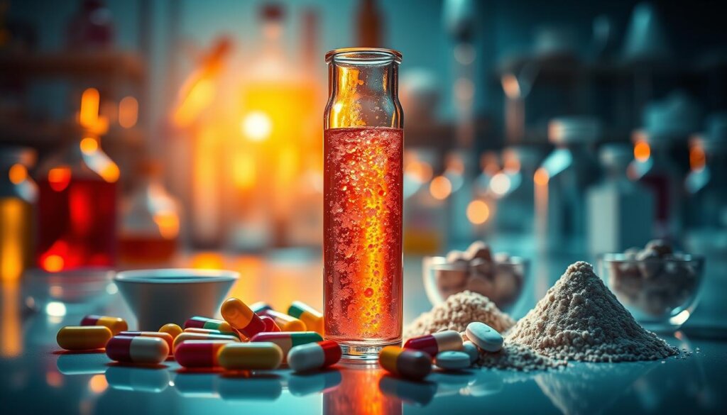 A brightly lit laboratory setting, with a centralized glass vial filled with a vibrant, effervescent liquid. Surrounding the vial, various delivery methods are displayed, such as capsules, tablets, and powders, each with a distinct color and texture. The lighting casts a warm, scientific glow, highlighting the intricate details of the probiotic delivery systems. In the background, a blurred array of scientific equipment and glassware, conveying a sense of innovation and research. The overall composition emphasizes the advancements in probiotic delivery, showcasing the diverse range of methods available for effective administration.