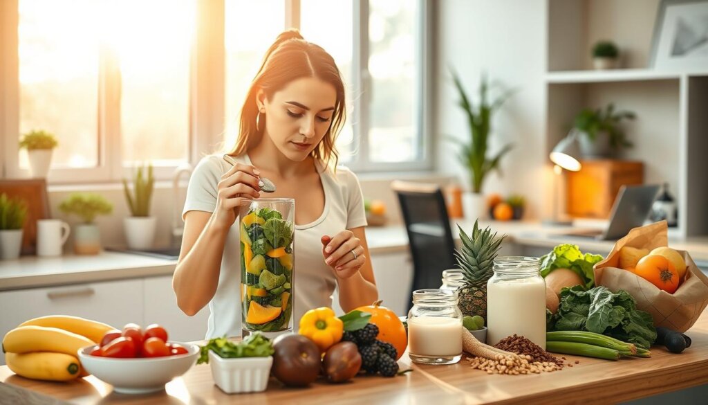 A bustling modern kitchen, bathed in warm, natural light filtering through large windows. In the foreground, a woman diligently preparing a smoothie, her expression focused as she blends together vibrant fruits, leafy greens, and a spoonful of probiotic supplement. The middle ground showcases a variety of healthy foods - fresh produce, fermented dairy, and whole grains - neatly arranged on the kitchen countertop, symbolizing the integration of probiotics into a balanced, active lifestyle. In the background, a view of a home office setup, with a laptop and desk lamp, hinting at the flexibility and convenience of incorporating probiotics into a busy daily routine. The overall atmosphere exudes a sense of wellness, productivity, and the seamless integration of probiotic-rich habits into a modern, dynamic lifestyle.