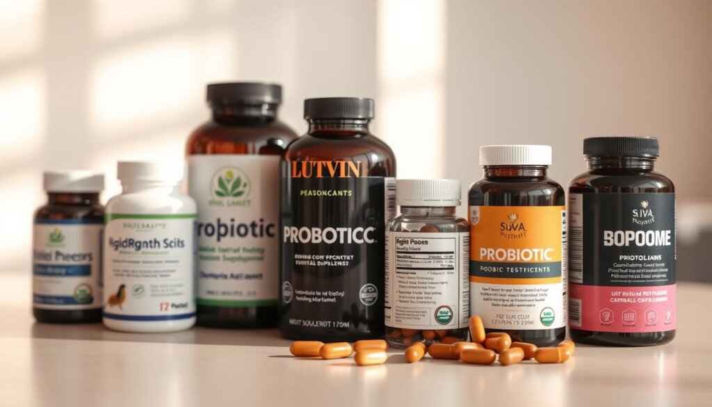 A clean, well-lit table showcasing an assortment of probiotic supplement bottles and capsules. The foreground features several high-quality supplements in sleek, modern packaging, arranged neatly. The middle ground includes informative labels detailing the strains, potency, and certifications. The background has a soft, blurred focus, with a warm, natural lighting that illuminates the scene, conveying a sense of quality and trustworthiness. The overall composition creates a professional, informative, and visually appealing representation of probiotic supplement selection.