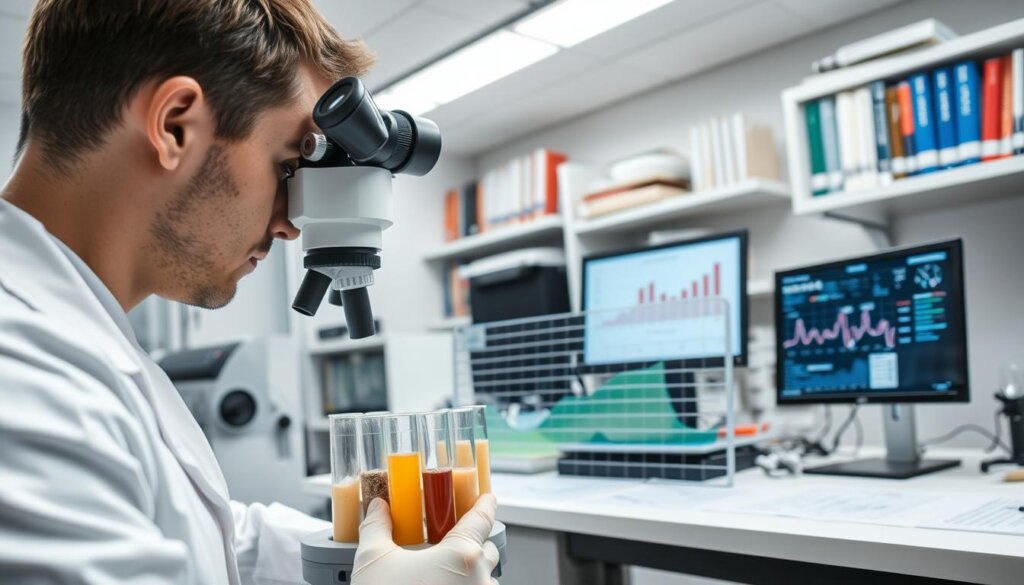 A clinical laboratory with modern equipment and scientific instruments, capturing a case study on protein intake. In the foreground, a scientist examining test tubes filled with various protein samples under a high-resolution microscope. The middle ground features a detailed graph displaying data trends and analysis of the protein study. In the background, shelves of reference books, scientific journals, and a computer terminal displaying relevant data visualizations. The lighting is bright and clinical, creating a professional, research-oriented atmosphere. The camera angle is slightly elevated, providing a comprehensive view of the workspace and the scientific investigation.