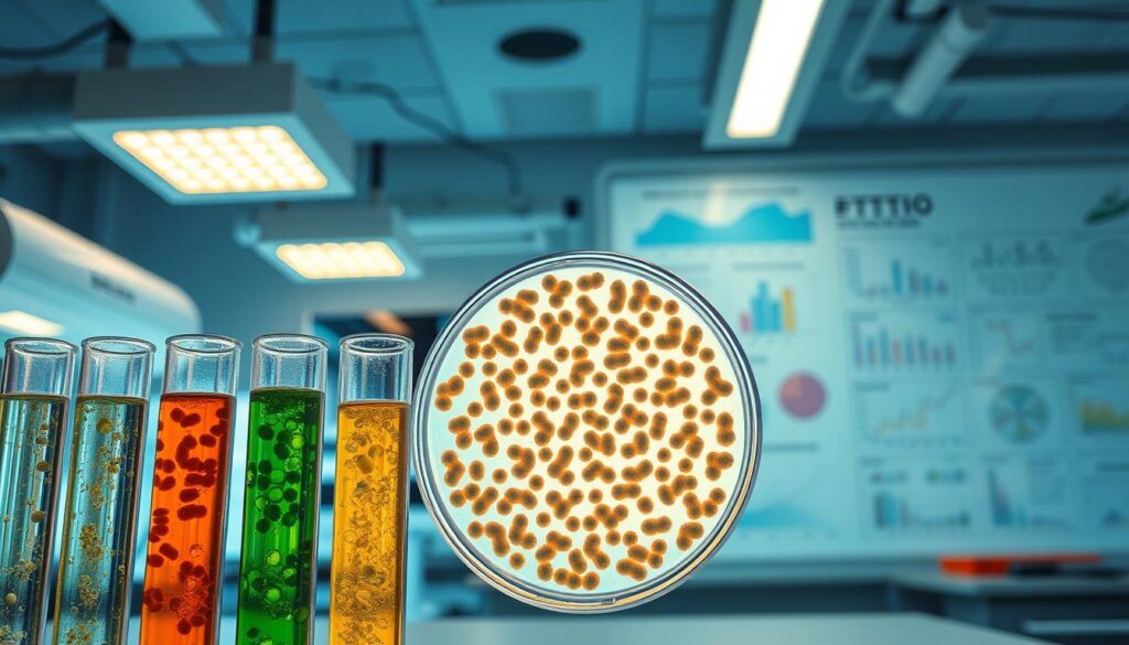 A clinical laboratory with modern equipment, illuminated by warm overhead lighting. In the foreground, a series of test tubes filled with probiotic cultures, their contents glowing with a healthy, vibrant hue. In the middle ground, a petri dish showcases a thriving colony of beneficial bacteria, its intricate patterns a testament to the power of microbial diversity. The background features an array of charts and graphs, illustrating the measurable improvements in metabolic markers and gut health over both short and long-term periods of probiotic supplementation. The overall atmosphere conveys a sense of scientific progress and the potential for probiotics to play a crucial role in managing diabetes.