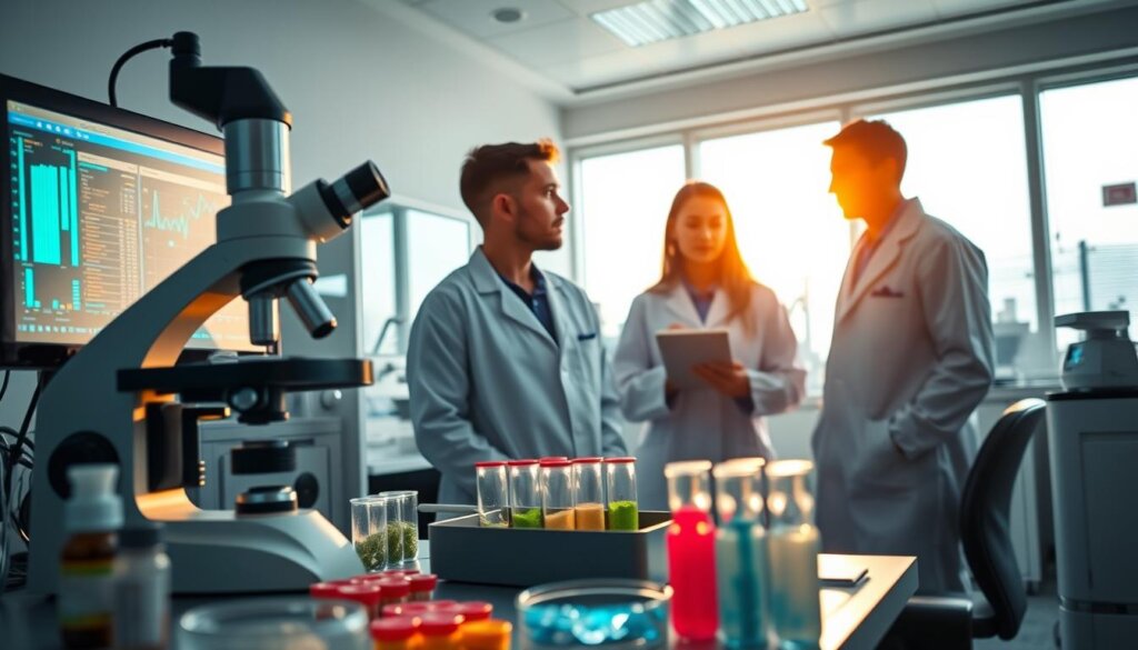 A clinical study setting with researchers in lab coats and medical equipment, examining data on a computer screen. The foreground features a microscope, Petri dishes, and vials, suggesting ongoing probiotic research. The middle ground showcases a team of scientists discussing results, fostering a sense of scientific collaboration. The background depicts a modern, well-lit laboratory with sleek, state-of-the-art equipment, creating an atmosphere of professionalism and technological advancement. Warm, natural lighting casts a serene glow, highlighting the importance and precision of the clinical trial process.