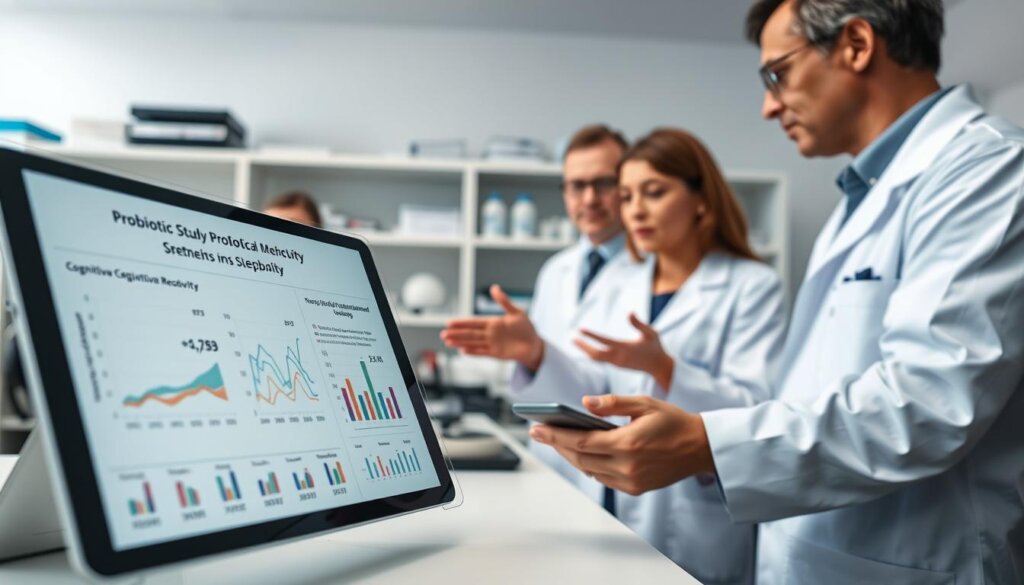 A clinical trial setting, with researchers in lab coats examining a tablet displaying the results of a probiotic study. The foreground features a close-up of a computer screen displaying graphs, charts, and numerical data on the effects of probiotics on cognitive reactivity, mood, and sleep quality. The middle ground shows a group of scientists intently discussing the findings, gesturing towards the screen. The background depicts a well-equipped research laboratory, with shelves of scientific equipment and instruments. The lighting is a soft, diffused glow, creating a professional and authoritative atmosphere. The overall mood conveys a sense of scientific rigor, discovery, and the potential benefits of probiotics on mental health and wellbeing.