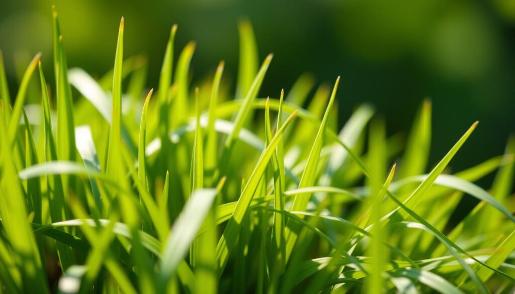 A close-up shot of vibrant barley grass blades, their lush green hues shimmering under natural lighting. The leaves are densely packed, revealing their delicate, feathery texture. In the background, a soft, blurred bokeh effect creates a sense of depth, highlighting the nutritional essence of this superfood. The image conveys the vitality and purity of barley grass, reflecting its abundant vitamins, minerals, and antioxidants that can support overall wellness.