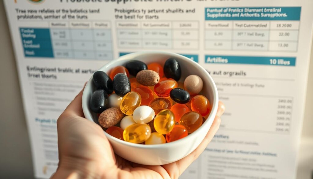A close-up view of a hand holding a bowl filled with various probiotic supplements, set against a backdrop of a medical chart displaying clinical study results on the effects of probiotics on arthritis symptoms. The lighting is soft and natural, capturing the nuances of the textures and colors of the supplements. The angle emphasizes the connection between the probiotics and the medical information, conveying a sense of scientific inquiry and the potential therapeutic benefits. The overall mood is one of contemplation and the promise of a natural, holistic approach to managing arthritis.
