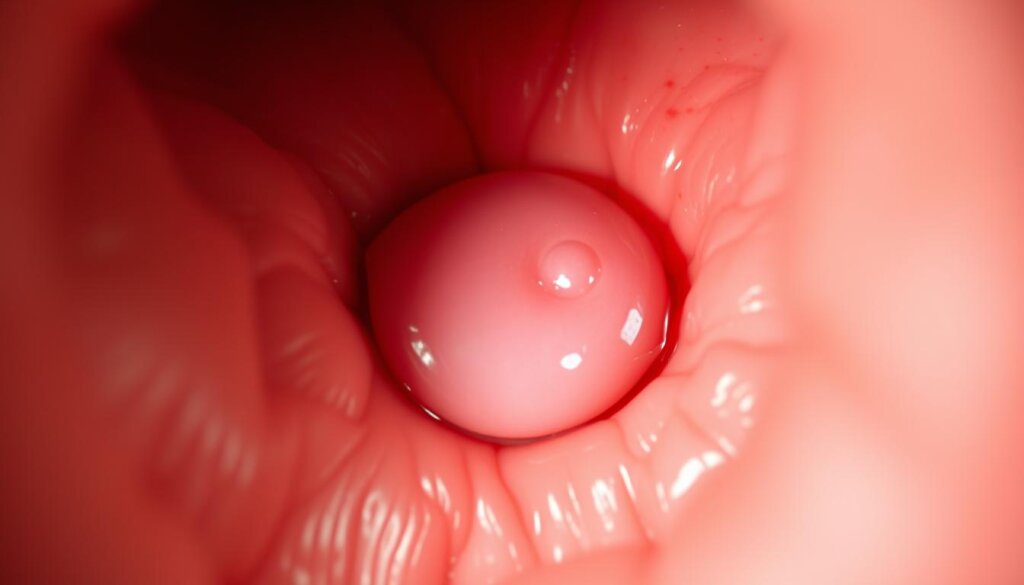 A close-up view of a partially healed gastric ulcer on the stomach lining. The ulcer appears as a small, pale pink crater with smooth, rounded edges, surrounded by slightly reddened, inflamed tissue. The lighting is soft and diffused, creating a warm, clinical atmosphere. The image is captured with a macro lens, providing a detailed, high-resolution perspective of the healing process. The focus is sharp, emphasizing the textural details of the tissue and the gradual restoration of the stomach's protective mucosal layer.