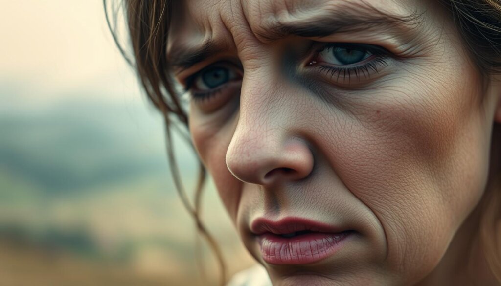 A close-up view of a person's face, with a weary, fatigued expression. The skin appears dull and lifeless, with dark circles under the eyes. The person's complexion is sallow, and their lips are chapped. In the background, a hazy, blurred landscape, suggesting a lack of energy and vitality. The lighting is soft and diffused, creating a somber, melancholic atmosphere. The camera angle is slightly angled, drawing the viewer's attention to the subject's face and the subtle signs of distress. The overall mood conveys the symptoms of probiotic deficiency - lethargy, digestive issues, and a general sense of malaise.