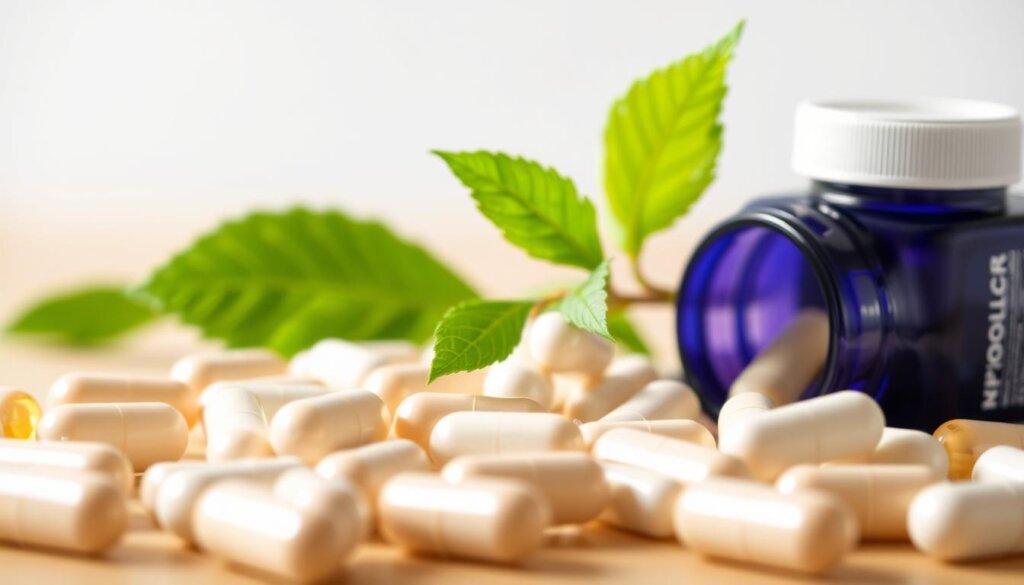 A closeup image of various probiotic capsules and tablets in the foreground, with a soft, natural lighting. In the middle ground, a vibrant green leafy plant or herb, suggesting the natural, wellness-focused theme. The background is blurred, but hints at a clean, minimalist setting, perhaps a wooden surface or a plain white backdrop. The overall composition conveys a sense of purity, simplicity, and the importance of gut health and digestive wellness.