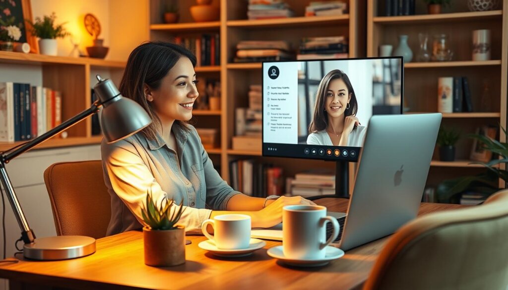 A cozy home office setting, with a professional woman sitting at a wooden desk, engaged in a video call consultation. Warm lighting from a desk lamp illuminates her face as she discusses probiotic recommendations with a client. On the desk, a potted succulent and a mug of tea create a welcoming atmosphere. The background features shelves filled with books and wellness-related decor, conveying a sense of expertise and care. The scene captures the essence of a personalized, trustworthy probiotic guidance session.