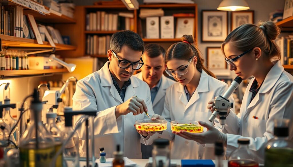 A cozy, well-equipped research laboratory filled with an array of scientific instruments, beakers, and microscopes. In the center, a team of scientists in lab coats and safety goggles closely examining Petri dishes filled with vibrant, healthy probiotic cultures. Warm, focused lighting illuminates their serious, yet inquisitive expressions as they meticulously record their observations. The background is dotted with shelves of reference books and framed academic certificates, conveying an atmosphere of dedication to scientific discovery. The overall scene exudes a sense of diligent, cutting-edge probiotic research.