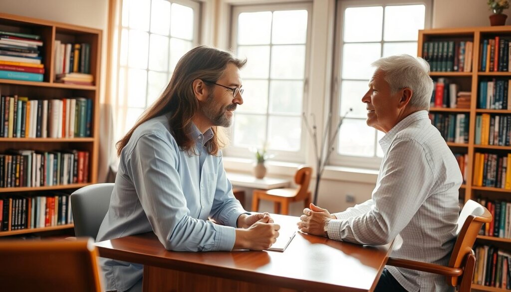 A cozy wellness clinic consultation room, warmly lit with natural sunlight streaming through large windows. In the foreground, an experienced, approachable wellness expert sits at a wooden desk, leaning forward and engaged in a thoughtful discussion with a patient. The expert's expression conveys empathy and a deep understanding of probiotics and holistic health. Behind them, bookshelves filled with medical journals and wellness guides line the walls, suggesting the breadth of the expert's knowledge. The atmosphere is calming and professional, instilling a sense of trust in the wellness advice being provided.