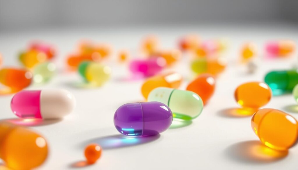 A crisp, high-resolution image of various probiotic strains arranged on a clean, white background. The probiotics are depicted as colorful, translucent capsules or gel-like spheres, each with a distinct hue representing different bacterial cultures. The foreground showcases the probiotic strains in sharp focus, with a soft, blurred background that subtly suggests a serene, clinical environment. Warm, directional lighting casts gentle shadows, emphasizing the three-dimensional nature of the probiotics. The overall composition conveys a sense of scientific authority and wellness, highlighting the role of these beneficial microorganisms in weight management.