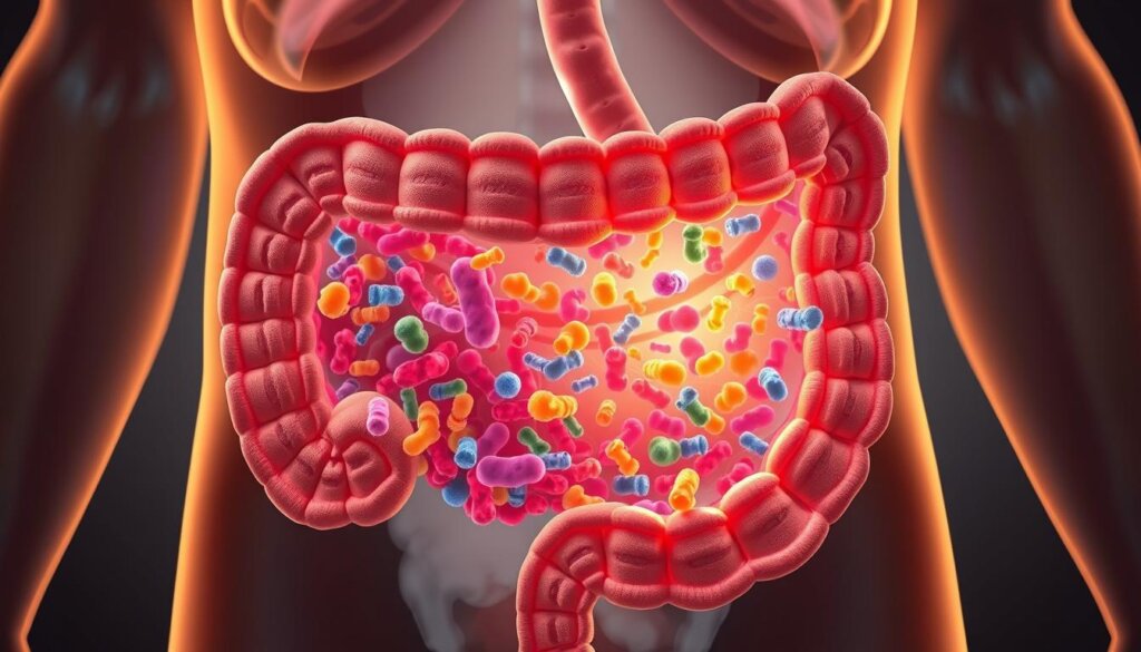 A cross-section of the human digestive system, showcasing the intricate network of probiotic bacteria thriving within. Vibrant, colorful microorganisms populate the intestinal lining, their shapes and structures meticulously detailed under the warm, natural lighting of a medical illustration. The scene is rendered with a balanced, harmonious composition, emphasizing the symbiotic relationship between the gut and its beneficial microbial inhabitants. The overall tone is informative, educational, and visually engaging, capturing the essence of probiotics and their crucial role in maintaining a healthy digestive system.