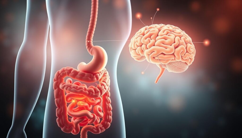 A detailed anatomical illustration showcasing the intricate gut-brain connection. The foreground depicts the digestive system, with the intestines and gut microbiome prominently featured. In the middle ground, a stylized brain emerges, connected to the gut via neural pathways, highlighting the bidirectional communication between the two systems. The background features a soft, ethereal gradient, evoking a sense of scientific exploration and the complexity of the human body. The lighting is warm and diffused, casting a gentle glow on the detailed anatomical structures. The overall composition conveys the importance of the gut-brain axis in maintaining overall health and wellness.