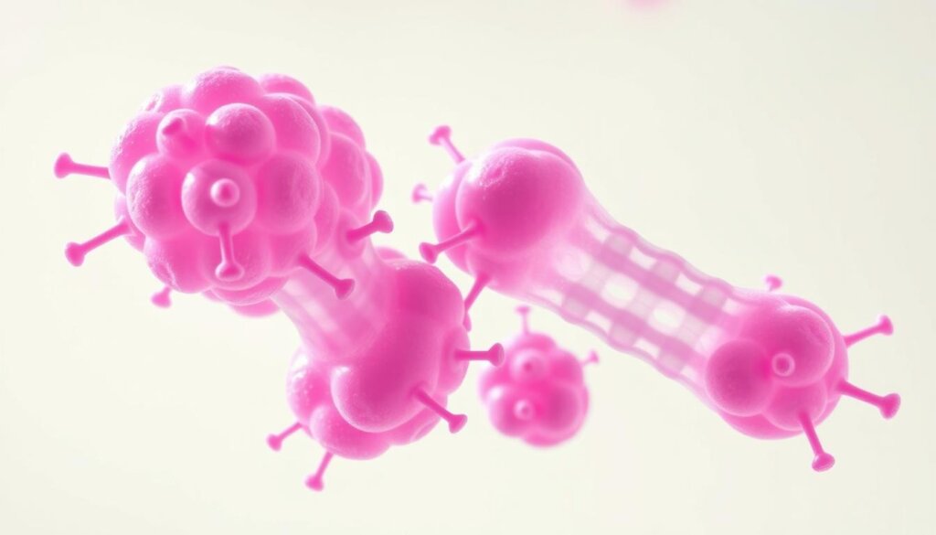 A detailed, close-up view of two probiotic bacterial strains, Lactobacillus helveticus R0052 and Bifidobacterium longum, against a clean, minimalist background. The bacteria appear as vibrant, translucent spheres and rods, with intricate cellular structures visible. Soft, natural lighting illuminates the scene, casting subtle shadows and highlights to convey a sense of depth and three-dimensionality. The composition is balanced and centered, allowing the key probiotic strains to be the primary focus. The overall mood is one of scientific clarity, highlighting the important roles these beneficial microbes play in managing anxiety and promoting overall wellness.