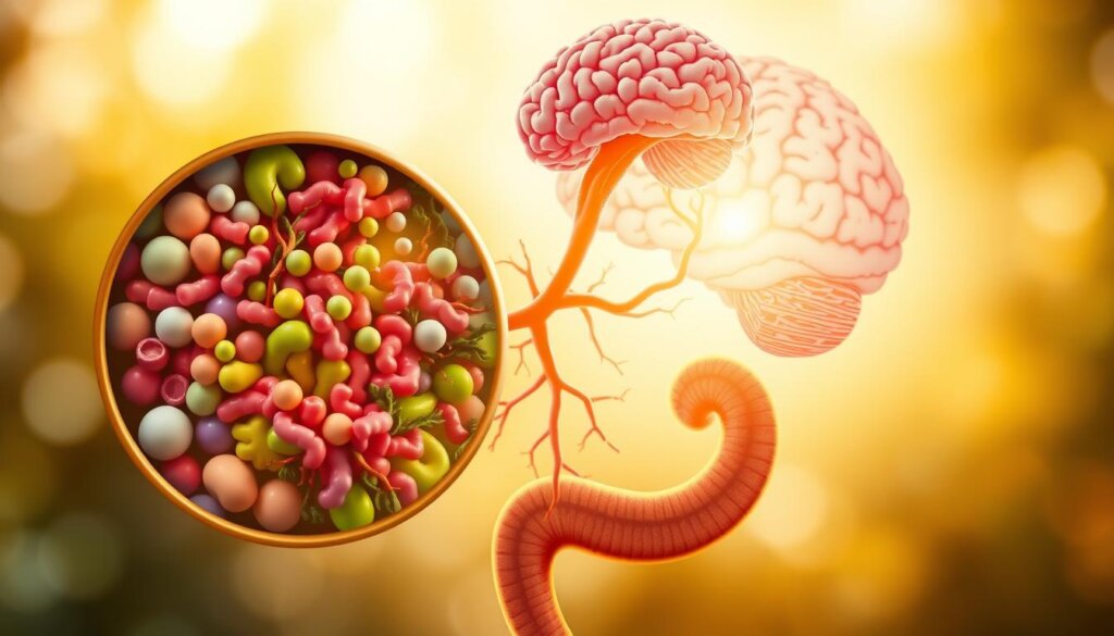 A detailed cross-section illustration of the gut-brain axis, showcasing the intricate connection between the gastrointestinal system and the central nervous system. In the foreground, a magnified view of the gut microbiome, with diverse probiotic bacteria thriving in a healthy intestinal environment. In the middle ground, the vagus nerve serves as the primary communication pathway, linking the gut to the brain. The background features a stylized representation of the brain, highlighting the limbic system and its role in emotional regulation. The scene is illuminated by a warm, natural light, conveying a sense of balance and harmony between the two interconnected systems. The overall mood is one of scientific exploration and understanding of the critical role probiotics play in maintaining a healthy gut-brain axis and promoting stress relief.