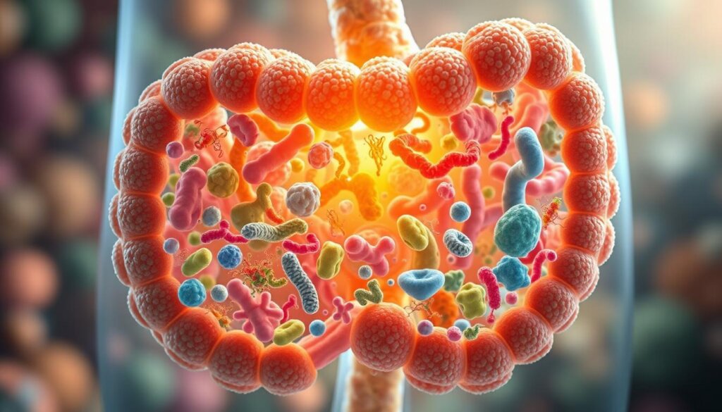 A detailed cross-section of a healthy gut microbiome, showcasing the diverse array of beneficial bacteria that support digestive and overall wellness. The vibrant microbial landscape is illuminated by soft, diffused lighting, creating a serene, almost ethereal atmosphere. The various bacterial strains are rendered with intricate, naturalistic detail, their shapes and colors reflecting their unique roles in maintaining gut balance. The composition emphasizes the harmony and interconnectedness of this vital microbiome, conveying how probiotics can nurture this delicate ecosystem for improved health and vitality in aging individuals.