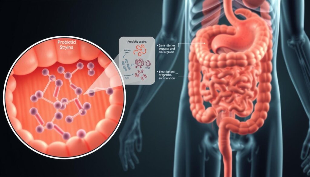 A detailed cross-section of the human digestive system, highlighting the mechanisms of probiotic action. In the foreground, a magnified view of intestinal villi, with beneficial bacteria colonizing the mucosal lining. In the middle ground, a schematic representation of probiotic strains interacting with gut epithelial cells, stimulating immune responses and improving nutrient absorption. In the background, a panoramic view of the gastrointestinal tract, showcasing the various regions where probiotics exert their influence on digestion and stool formation. Rendered in a clean, scientific style with muted colors, precise anatomical details, and a sense of biological harmony, illuminated by soft, directional lighting to convey the subtle yet essential role of probiotics in maintaining a healthy gut.