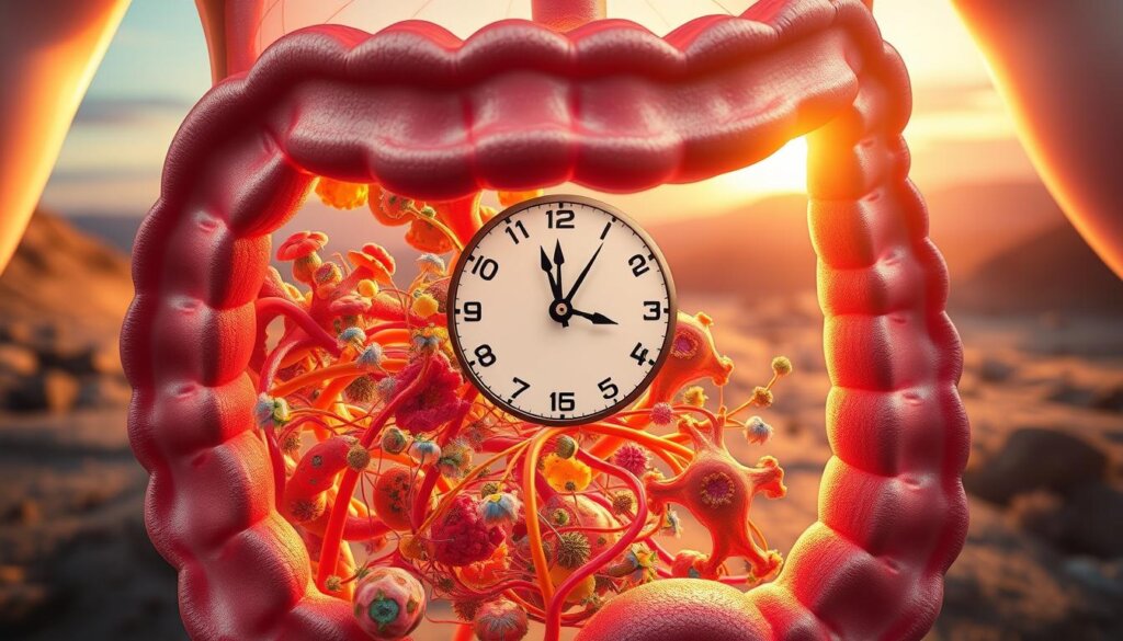 A detailed cross-section of the human gut, revealing the intricate network of microbiome organisms pulsing in sync with a circadian rhythm. The foreground showcases vibrant, diverse gut flora dancing amidst a labyrinth of blood vessels and nerve endings. The middle ground features a stylized clock, its hands sweeping across the day-night cycle, highlighting the interconnectedness of gut and circadian rhythms. The background depicts a softly glowing, ethereal landscape, conveying the delicate balance and holistic nature of this biological symphony. Captured through a wide-angle lens with warm, naturalistic lighting, evoking a sense of wonder and scientific contemplation.