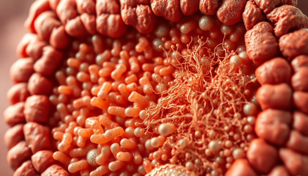 A detailed cross-section of the human gut, showcasing the diverse microbial ecosystem within. In the foreground, a tightly-woven network of gut bacteria, their shapes and colors reflecting their roles in metabolic processes. In the middle ground, intricate systems of intestinal villi and crypts, enabling nutrient absorption and immune response. The background depicts the interplay between gut microbiota and host physiological mechanisms, regulating energy balance and weight management. Warm, earthy tones convey the natural, symbiotic nature of this vital relationship. Captured with a high-resolution, macro lens for maximum clarity and scientific accuracy.
