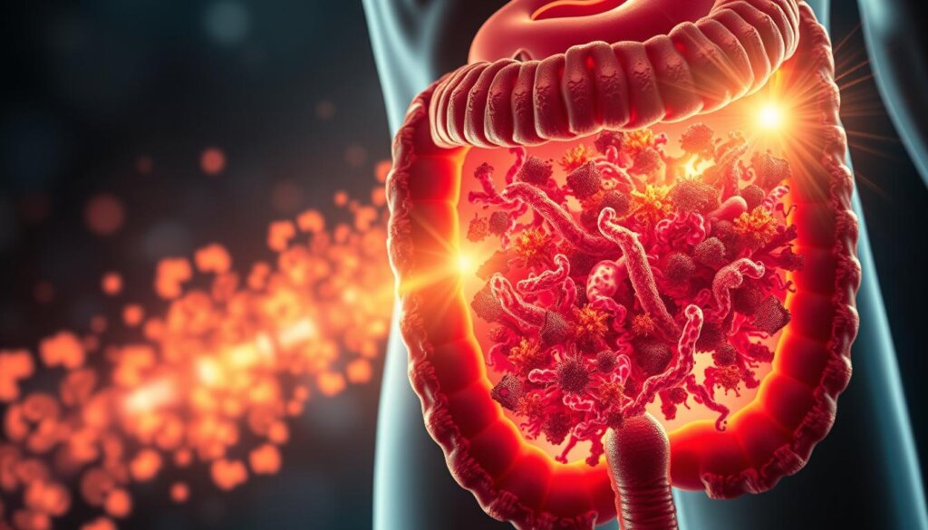 A detailed cross-section of the human gut, showcasing the intricate network of microbiome organisms responsible for energy production. In the foreground, vibrant colonies of beneficial bacteria, fungi, and archaea thrive, their complex metabolic processes illuminated by a warm, natural light. The middle ground reveals the intestinal lining, with villi and microvilli absorbing the nutrients generated by the microbiome. In the background, a glowing energy field emanates from the gut, representing the powerful influence of a healthy microbiome on overall vitality and well-being. Captured with a wide-angle lens, the scene conveys the remarkable synergy between gut health and holistic energy levels.
