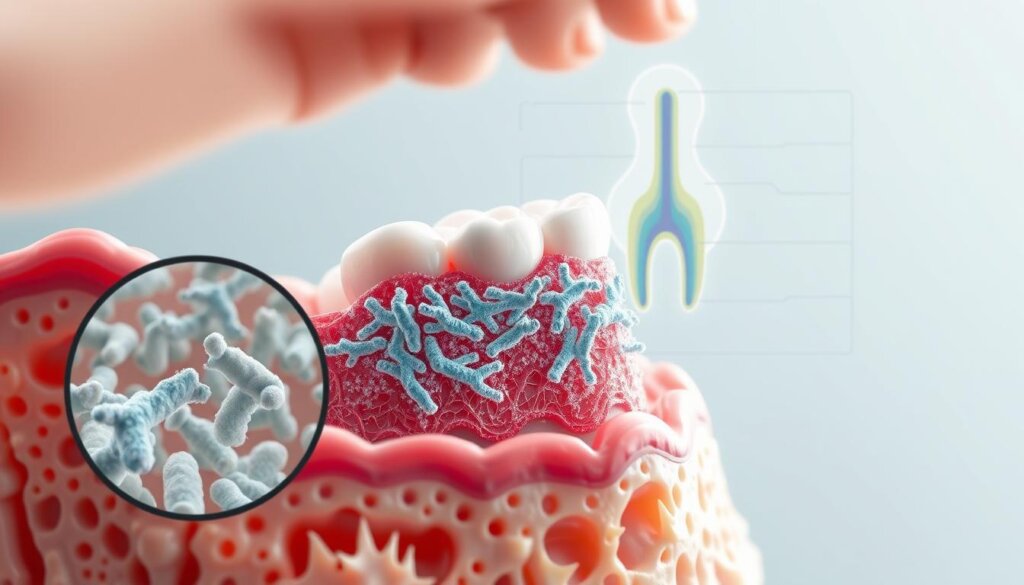 A detailed cross-section of the oral cavity, showcasing the complex mechanisms of probiotic action. In the foreground, a magnified view of the gum tissue, with beneficial bacteria colonizing the surface and interacting with epithelial cells. In the middle ground, the intricate structure of the tooth enamel and dentin, with probiotic strains establishing a symbiotic relationship. In the background, a schematic representation of the salivary gland function, highlighting the role of saliva in nurturing the probiotic microbiome. Soft, diffused lighting illuminates the scene, capturing the delicate balance of this microbial ecosystem. Rendered with photorealistic precision, this image aims to visually communicate the multifaceted ways in which probiotics contribute to oral health.