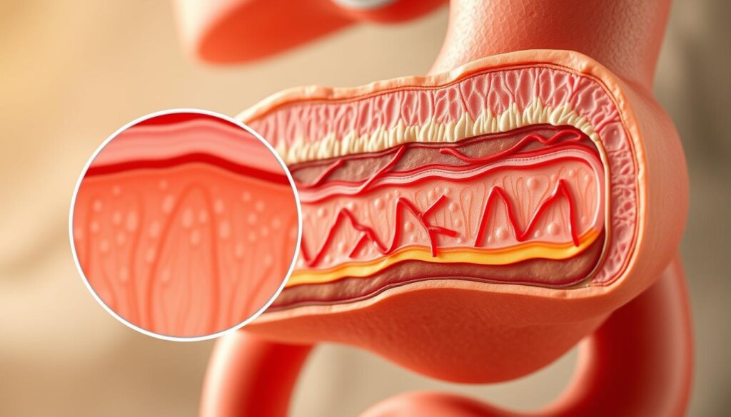 A detailed cross-section of the stomach wall, showcasing the intricate mechanisms of gastric mucosal defense against ulcer formation. The foreground features a magnified view of the gastric mucosa, highlighting the protective barrier of epithelial cells, mucus layer, and bicarbonate secretion. The middle ground depicts the underlying blood vessels, glands, and smooth muscle layers that work in harmony to maintain a healthy gastric environment. The background subtly suggests the surrounding anatomical context, with a softly blurred rendering of the stomach's overall structure. Warm, natural lighting illuminates the scene, conveying a sense of physiological balance and resilience. The overall composition aims to visually explain the complex interplay of factors that contribute to gastric ulcer causes and the body's remarkable mucosal defense mechanisms.