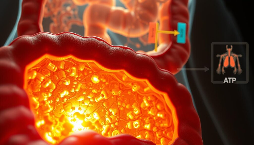 A detailed cross-section view of the human gut, showcasing the intricate microbial ecosystem responsible for energy production. In the foreground, vibrant colonies of probiotic bacteria thrive, their metabolic processes illuminated by a warm, golden glow. The middle ground reveals the intestinal lining, with absorptive villi and intricate blood vessels carrying the energy-rich nutrients. In the background, a schematic representation of cellular respiration and ATP synthesis, highlighting the symbiotic relationship between the gut microbiome and the host's energy metabolism. The scene is bathed in soft, diffuse lighting, conveying a sense of harmony and well-being.