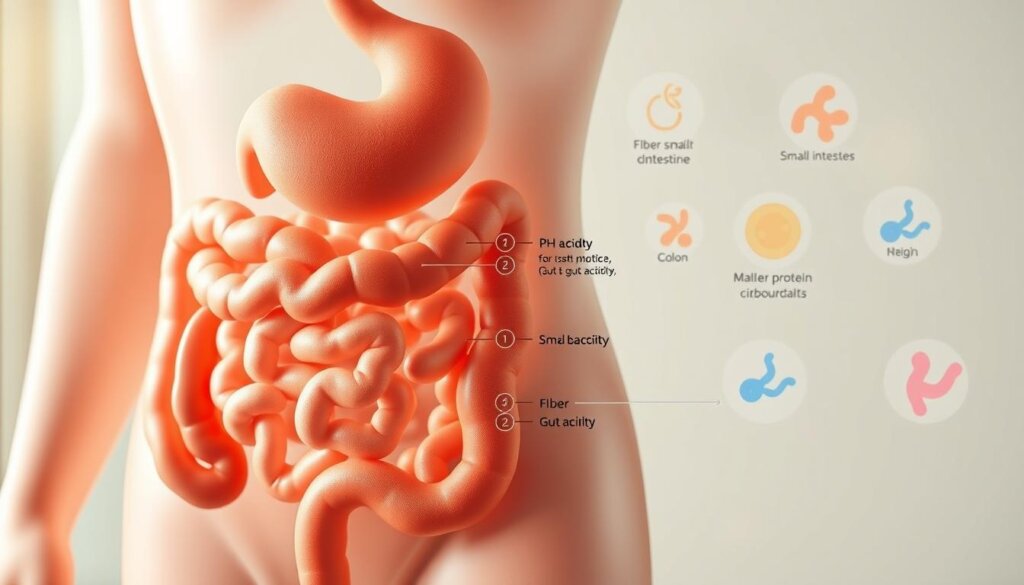 A detailed, cross-sectional illustration of the human digestive system, with a focus on the gut and its acidity levels. The foreground depicts the stomach, small intestine, and colon, showcasing the varying pH levels along the gastrointestinal tract. The middle ground features a visual representation of how different dietary factors, such as fiber, protein, and carbohydrates, impact the overall gut acidity. The background includes stylized visualizations of gut bacteria and their role in maintaining a healthy pH balance. The lighting is soft and natural, with a slight hazy effect to convey the complexity of the subject matter. The overall tone is informative and educational, designed to complement the article's focus on probiotics and gut health.